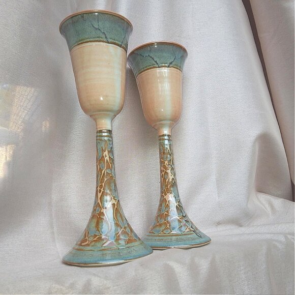 Gorgeous pair of Tall, Slender Hand Thrown and Glazed Stoneware Goblets - Picture 5 of 13